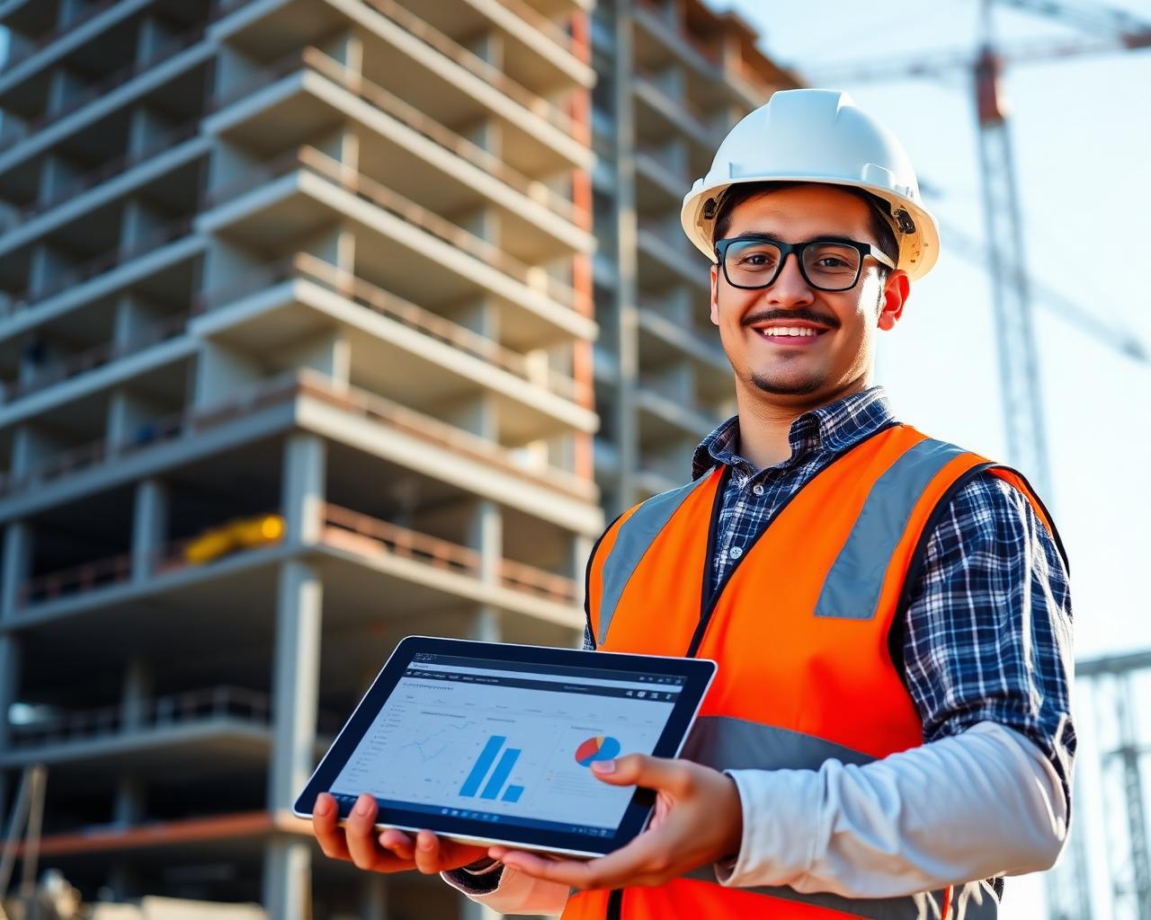 Profissional usando tablet com a plataforma Brasil Construtor